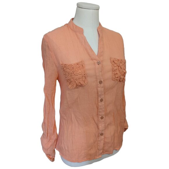 Womens Peach Orange Button Up Blouse Lace Panel Lagenlook Boho Sheer Pastel M - Picture 2 of 11